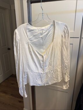 EUC Frame Denim White Silk V-Neck Button-Front Blouse